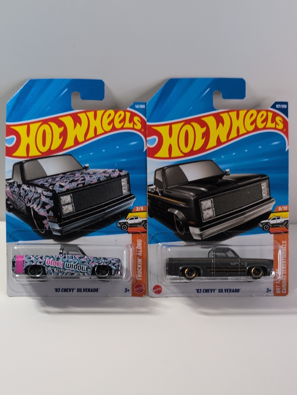 Hot Wheels 83 Chevy Silverado Hot Trucks Gray Black Widow Mattel Lot 2 Ship N Bx